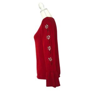 Romeo & Me R&M Women's Red Long  Rhinestone Floral Bell Sleeve Sweater M